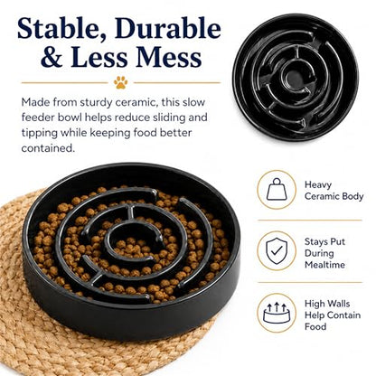 Slow Feeder Dog Bowls, Silicone Dog Bowl with Anti-Slip, Slow Feeder & Non-Slip Design, Boredom and Anxiety Reducer, Suitable for All Breed Dogs and Cat (Ceramic-Black) - color: Ceramic-Black