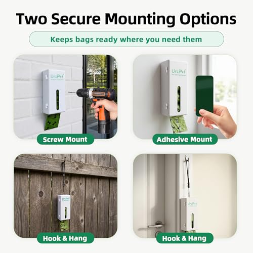 URSPET Dog Poop Bag Dispenser with 4 Rolls, Wall Mount Pet Waste Holder | Stick-On or Screw-On, Viewing Window, Easy Bag Pull, Flip-Top Refill, 60 Bags Included, Indoor and Outdoor Use - color: White