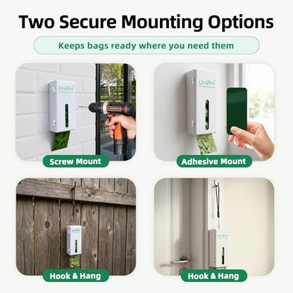 URSPET Dog Poop Bag Dispenser with 4 Rolls, Wall Mount Pet Waste Holder | Stick-On or Screw-On, Viewing Window, Easy Bag Pull, Flip-Top Refill, 60 Bags Included, Indoor and Outdoor Use - color: White