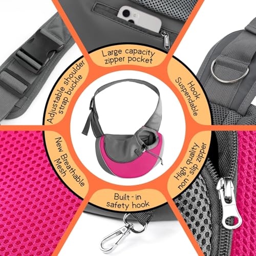 YUDODO Pet Sling Carrier for 2-5 lbs Small Dogs & Cats – Hands-Free Puppy Carrier with Safety Hook, Large Zipper Pocket, Soft Breathable Mesh, Adjustable Strap & Reflective Strip (Pink 1.0 S) - color: Pink 1.0 Basic (Zipper Pocket), size: Small (2-4.5lbs)