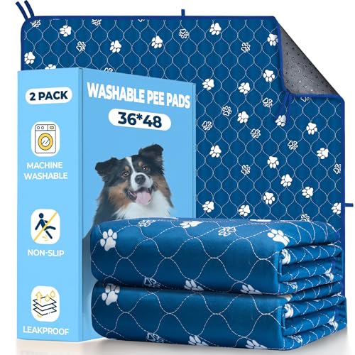 Fostanfly Washable Pee Pads for Dogs, 2 Pack Large 36"x48" Ultra-Absorbent and Leak-Proof Non-Slip Reusable Potty Training Pads for Dogs, Puppy & Cats of Add 8 Lanyards-Blue - color: Blue, size: 36*48 Inch (Pack of 2)