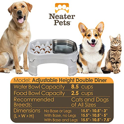 Neater Pet Brands – Neater Raised Slow Feeder Dog Bowl – Elevated and Adjustable Food Height - (Double Diner/w Metal Bowl, Vanilla Bean)