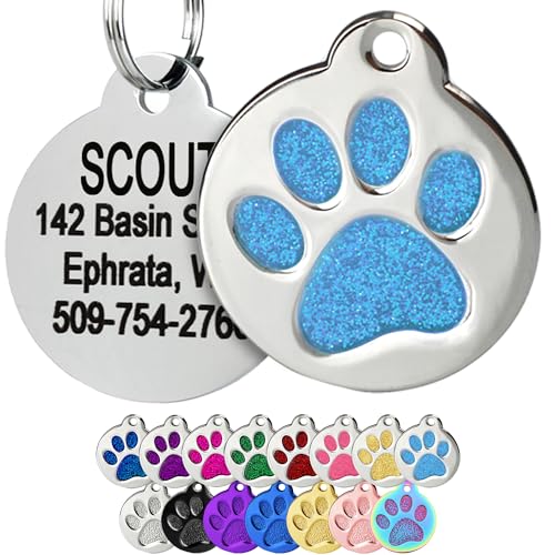 GoTags Paw Print Round Stainless Steel Pet Tag for Dogs and Cats, Personalized with 4 Lines of Custom Engraved ID Name and Number, in Stainless Steel and 15 Colors Small and Large, Glitter Light Blue - color: Glitter Light Blue, size: Small w/o Silencer