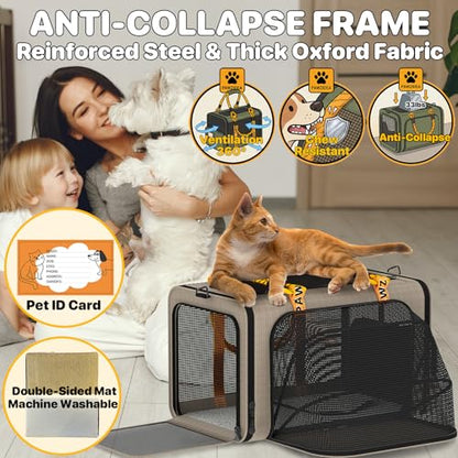 PAWZIDEA Expandable Pet Carrier Airline Approved, 18"×11"×11" Small Dog Carriers, Collapsible Top-Load Cat Carrier for 2 Cats Under Seat, Soft-Sided Puppy & Animal Travel Bag, ID Card, Up to 15lbs - color: Khaki Plaid, size: 18.0"L x 11.0"W x 11.0"H