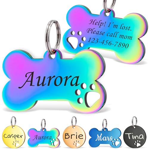 Anavia Paw Print Pet ID Tags, S/M/L Personalized Color Plated Stainless Steel Cat Dog Tags, Customized Engraved Glossy Dog Name Tag Pet Collar Tag (Rainbow, Bone-Medium) - color: Rainbow, size: Bone-Medium