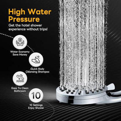 High Pressure 10 Ways Handheld Shower Head Chrome- Anti-clog Nozzles, Built-in Power Wash to Clean Tub, Wall & Overhead Brackets,Magnetitc Rainfall Shower Wand,Built-in 2 Power Jet - color: Chrome