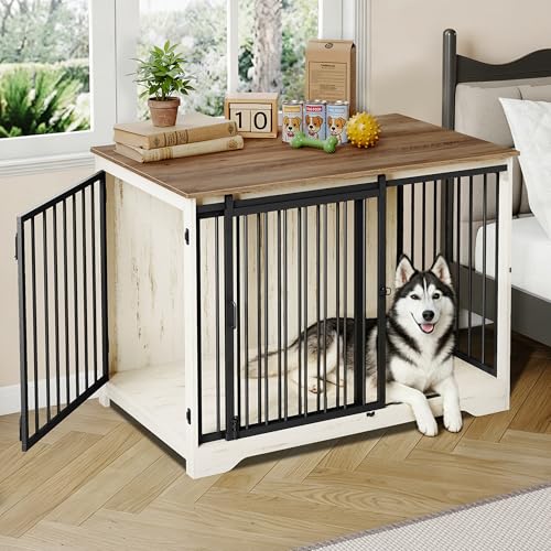 Hzuaneri 46.9" Dog Crate Furniture with Barn Door, Heavy Duty Dog Kennel Indoor with 2 Doors, Wooden Pet Cage End Table for Large Medium Dogs, Anti-Chew Anti-Escape, White Brown DFC93314B - color: White Brown, size: 46.9"L x 27.6"W x 34.7"H