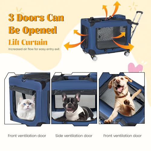 Large Foldable Rolling Dog Carrier,3-Doors Cat Carrier with Detachable Wheels,Pet Rolling Bag 28"x20"x20" for Large Cats, Medium & Small Dogs, Detachable for Travel,Vet Visits,Outdoor Walks (28 inch) - size: 28 inch