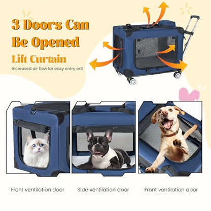 Large Foldable Rolling Dog Carrier,3-Doors Cat Carrier with Detachable Wheels,Pet Rolling Bag 28"x20"x20" for Large Cats, Medium & Small Dogs, Detachable for Travel,Vet Visits,Outdoor Walks (28 inch) - size: 28 inch