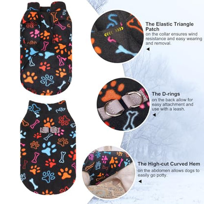 BEAUTYZOO Small Dog Sweater Fleece Vest Winter Jacket, D-Ring Leash Attachment for XS S Puppy Medium Sized Breeds Dogs, Cold Weather Dog Clothes Windproof Keep Warm, Bones Paw Pattern S - color: BLACK PAW, size: Small
