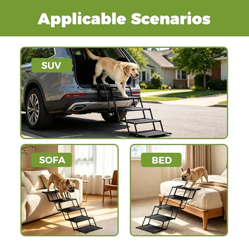 Dog Ramps for Cars, Portable Folding Dog Stairs for Cars, SUV, Trucks, Reinforced Pet Steps Supports Up to 200 lb, 5 Steps