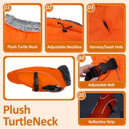 DENTRUN Warm Dog Winter Coat, Easy On Reflective Turtleneck Fleece Jacket | Adjustable buckle, easy on off, windproof & water-repellent, thick fleece snowsuit, outfit fits small to large breeds - color: Orange, size: Small
