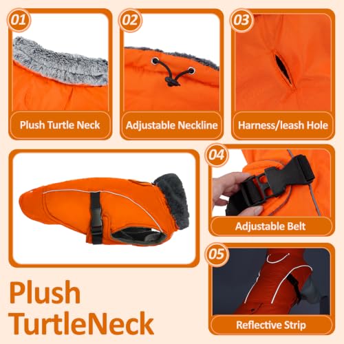 DENTRUN Warm Dog Winter Coat, Easy On Reflective Turtleneck Fleece Jacket | Adjustable buckle, easy on off, windproof & water-repellent, thick fleece snowsuit, outfit fits small to large breeds - color: Orange, size: Large