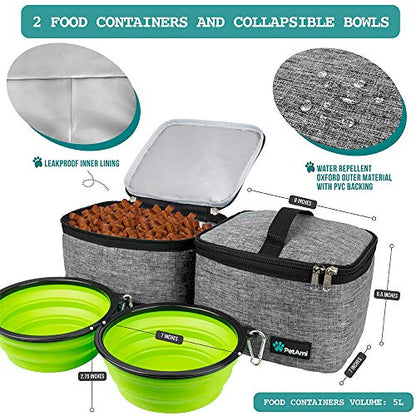 PetAmi Dog Travel Bag Organizer, Pet Travel Kit with 2 Food Containers & 2 Collapsible Dog Bowls, Pet Supplies Tote with Luggage Sleeve, Weekend Road Trip Camping Essentials, Gray, Large - color: Grey, size: Large - 15.5"L x 9.5"W x 14.0"H