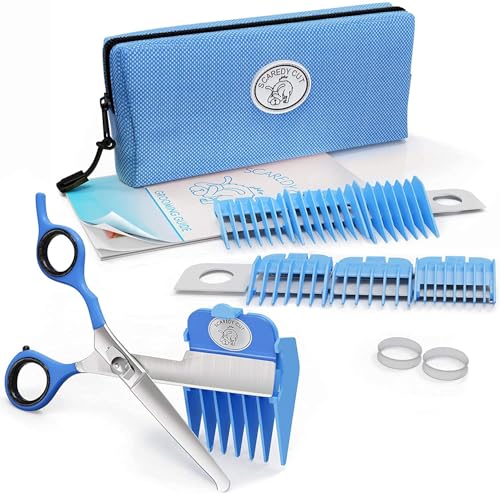 SCAREDY CUT Silent Pet Grooming Kit for Dog, Cat and All Pet Grooming - A Quiet Alternative to Electric Clippers for Sensitive Pets (Left-Handed Blue) - color: 16pc Left Handed Blue