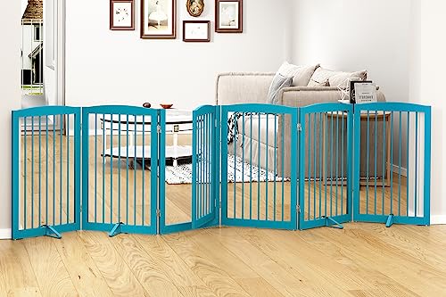 PUPETPO Freestanding Pet Gate with Door, Tall Dog Gate for House, Extra Wide, Pet Puppy Safety Fence, Support Feet Included, 120 Inch Wide, 6 Panels 32" Tall, Blue - color: Blue, size: 6 Panel 32"