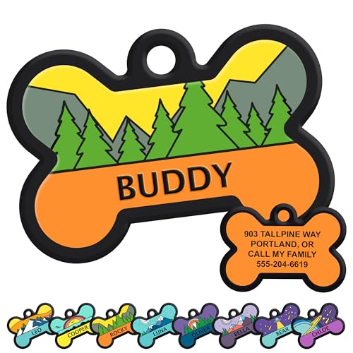 GoTags Silent Dog Tag, Personalized Engraved Bone Silicone Pet ID Tag | Dog and Cat Name, Number Address or Message, 5 Lines Custom Text, Soundless No More Jingling Dog Tags (Forest Gold) - size: Bone (Pack of 1), style: Forest Gold