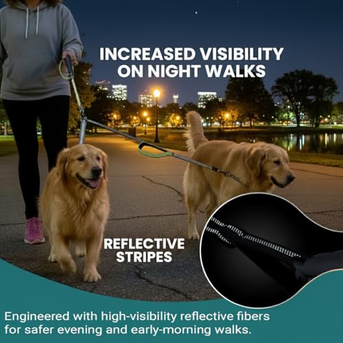 wikiRay Double Dog Leash Coupler for Walking 2 Dogs – No Tangle Dual Dog Splitter with Shock-Absorbing Bungee, Padded Traffic Handles & Reflective Stitching (Grey) - color: Grey