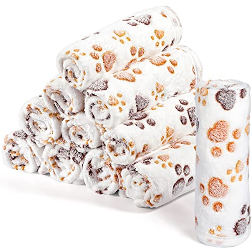 Tegeme 12 Pcs Pet Blankets 23 x 16 Inch Soft Fluffy Fleece Dog Cat Warm Paw Print Pattern Blankets Flannel Throw for Pets Dog Puppy Cat(White) - color: White, size: 23 x 16 Inch