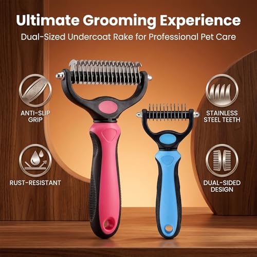 Pet Grooming Tool for Dogs & Cats, Double Sided Deshedding Brush with Undercoat Rake, Dematting Comb for Long Thick Coats, Pet Hair Removal Grooming Comb for Shedding & Detangling (1, Blue, Large)