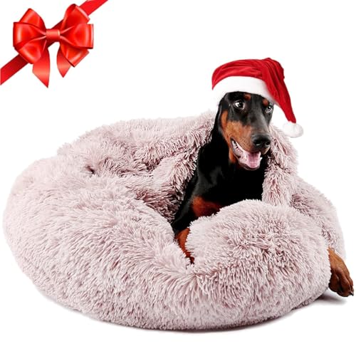 Himax Dog Beds for Large Dogs, Donut Dogs Beds with Blanket Attached, Calming Dog Bed Washable (20"/26"/35") Beige - color: Beige, size: 35.0"L x 35.0"W x 10.0"Th