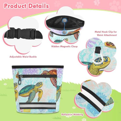 Turtle Water-Resistant Dog Treat Pouch, 3 Ways to Wear Treat Bag with Magnetic Closure & Reflective Strip, Hands-Free for Pet Training, Walking