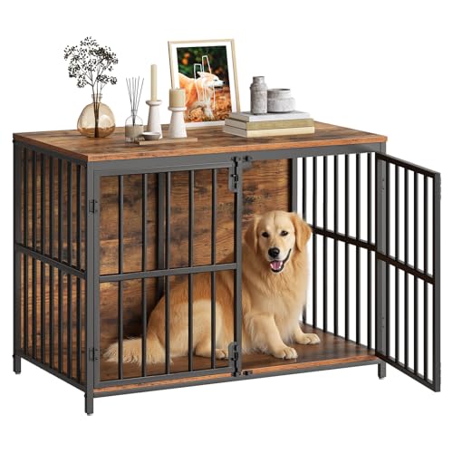 HOOBRO 38.6" Dog Crate Furniture, Wooden Dog Kennel Indoor, Heavy Duty Dog Cage for Small/Medium Dog, Decorative Side End Table, Rustic Brown and Black BF100GW03 - color: Rustic Brown, size: 38.6"L x 23.6"W x 29.5"H