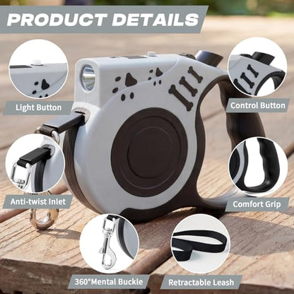 Retractable Dog Leash with USB Rechargeable Flashlight for Night Walks, 16FT Automatic Telescopic Tractor Dog Leash for Small and Medium Dogs, Grey - color: Grey