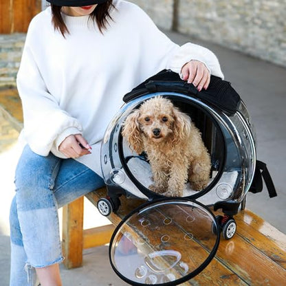 Cat Carrier with Wheels, Transparent Bubble Cat Carrier with Ventilation Holes and Telescopic Handle, 2 in 1 Design, Pet Trolley & Backpack, Portable Dog Crate for Traveling, Walking Black - color: Black