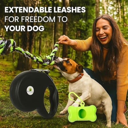 Retractable Dog Leash for Small and Medium Dogs, 3 in 1 Kit with Waste Bag Dispenser & Rope Toy, Controlled Walking Leash