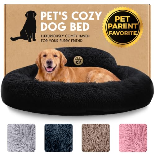PetJett Large Dog Bed - 36'' Calming Donut Dog Beds, Anti-Slip & Washable Large Round Bed, Fluffy Faux Fur Pet Bed, Super Soft Anti-Anxiety Premium Comfort Bed, Fits Dogs up to 80 lbs - Black - color: Black, size: Large - 36”L x 36”W x 8”Th