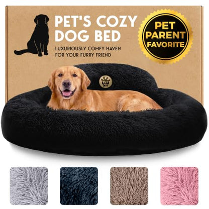 PetJett Large Dog Bed - 36'' Calming Donut Dog Beds, Anti-Slip & Washable Large Round Bed, Fluffy Faux Fur Pet Bed, Super Soft Anti-Anxiety Premium Comfort Bed, Fits Dogs up to 80 lbs - Black - color: Black, size: Large - 36”L x 36”W x 8”Th