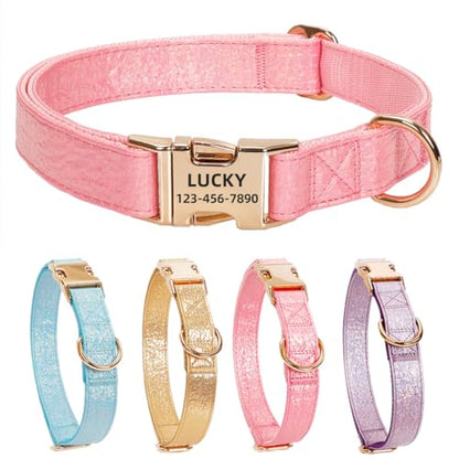 Glare Hot Pink Personalized Dog Collars Leather and Nylon Thicken Design Engraved Heavy Duty Dog Collar with Name Plate Adjustable with Quick Release Metal Buckle for Small Medium Large Dogs,L - color: Pink - Personalized, size: L-(neck adjustable 15.7-27