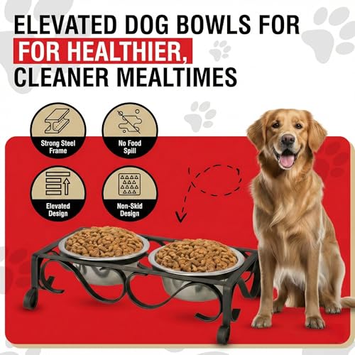 Loving Pets Elevated Dog Bowls – Raised Stainless Steel Dog Bowls with Steel Stand – Non-Skid, No Spill Feeder for Small, Medium & Large Dogs – Easy to Clean, Durable Raised Dog Feeding Station - color: Matte Black, size: 1 Quart