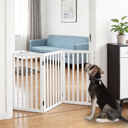 Dog Gate Indoor, Freestanding Dog Fence for The House, Doorways, Hallways,or Stairs,Pet Gate Foldable Wooden,Expandable 32" Height 3 Panels,White - color: White, size: 【3 Panels】60‘’w x 32''h
