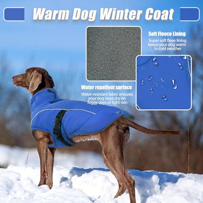 DENTRUN Warm Dog Winter Coat, Easy On Reflective Turtleneck Fleece Jacket | Adjustable buckle, easy on off, windproof & water-repellent, thick fleece snowsuit, outfit fits small to large breeds - color: Blue, size: Large