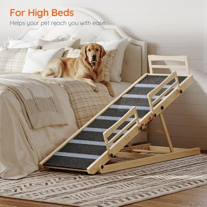 HOOBRO Dog Ramp for Bed, 63" Long Folding Pet Ramp with Non-Slip Mat and Safety Side Rails, 5 Height Adjustable up to 29.5", Wooden Dog Ramp for Couch, for Small/Large Dogs, Natural and Black NB46PT03 - size: 63.0"L x 17.7"W x 3.7"H
