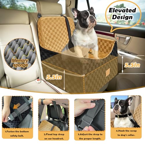 Dog Car Seat for Small and Medium Dogs Up to 35 lbs –Memory Foam Dog Booster Seat with Safety Leash & Storage Pockets, Fits Front & Back Car Seats, Removable Washable Cover – Black & Brown - color: Small-Black/brown