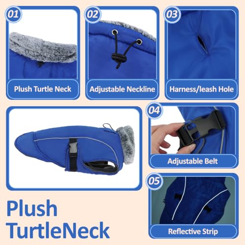 DENTRUN Warm Dog Winter Coat, Easy On Reflective Turtleneck Fleece Jacket | Adjustable buckle, easy on off, windproof & water-repellent, thick fleece snowsuit, outfit fits small to large breeds - color: Blue, size: Small
