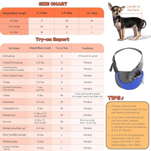 YUDODO Pet Sling Carrier for 2-5 lbs Small Dogs & Cats – Hands-Free Puppy Carrier with Safety Hook, Large Zipper Pocket, Soft Breathable Mesh, Adjustable Strap & Reflective Strip (Blue 1.0 S) - color: Blue 1.0 Basic (Zipper Pocket), size: Small (2-4.5lbs)