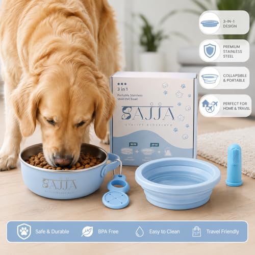 Blue Slow Feeder Travel Dog Bowl Set – 30oz Stainless Steel + 20oz Collapsible Silicone Dish + Silicone Slow Feeder Insert | Water Bottle Holder | Non-Slip, Anti-Choking, BPA-Free – Claim - color: Slow feeder Blue Bowl