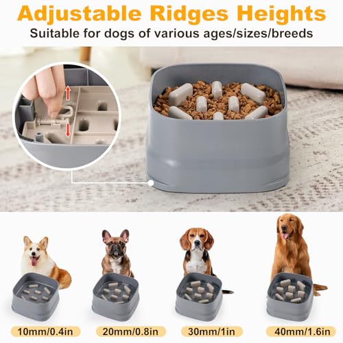 Sunhoo Slow Feeder Dog Bowls Large Breed Puppy Puzzle Feeding Dish Maze Feed Bowl Small Medium Dogs Plate Adjustable Ridges to Slower Down Eating Anti-slip Easy to Clean Indoor Use 7.5*7.5*4 in(Grey)