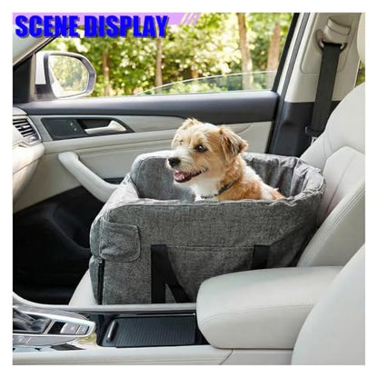 Small Dog Car Center Console Seat, Soft Portable Pet Booster Seat with Safety Tethers, Leash & Storage Pocket, Anti-Collapse Car Armrest Puppy Travel Bed for Cars, SUVs, Trucks (Darkgray) - color: DarkGray