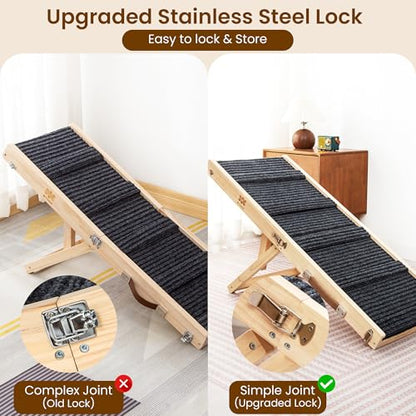 Upgraded 2026 MYUNIK Adjustable Small Dog Ramp 37.8" Foldable Solid Wood Pet Small Ramp with 5 Heights 13.6–21.5", Non-Slip Carpet Handle Ramp for Bed Couch Sofa & Car