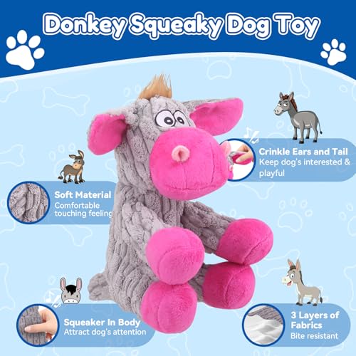 loncoldy Plush Chew Toys for Large Dogs, Tough Crinkle Stuffed Animal Squeaky Interactive Toys for Small Medium Large Dogs, Keep Them Busy, Big Pet Toys - color: gray & pink