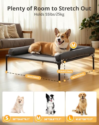 Cooling Elevated Dog Bed, 26.8x34 Raised Dog Bed with Removable Bolster Cushion, Breathable Mesh, Non-Slip Feet, and Metal Frame for Medium Breeds Indoor Outdoor - size: Medium