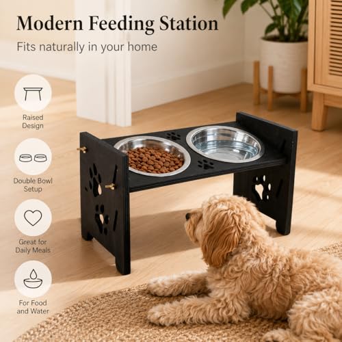 Elevated Cat Bowls, Adjustable Raised Pet Bowls with 2 Stainless Steel Bowls, Wooden Feeding Stand for Cats and Small Dogs, Double Food and Water Feeder, 500 ml Each Bowl, Black
