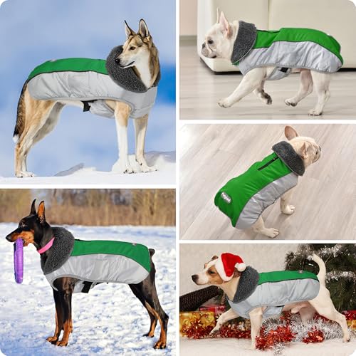 Petglad Dog Coat, Waterproof Ripstop Dog Winter Jacket with Leash Hole, Reflective Adjustable Warm Pet Fleece Snow Sweater for Small Medium Large Dogs - Green, XL - color: Green, size: XL