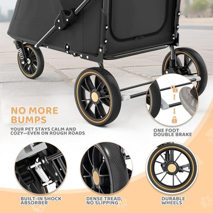 Magshion Pet Stroller for Medium Dogs w/Adjustable Handle, 3-Wheel Dog Cat Wagon w/Dual Entry, Rear Storage, Breathable Mesh, One-Foot Brake, Ideal for Large Pets up to 55 lbs, Black - color: Black, style: Up to 55 lbs