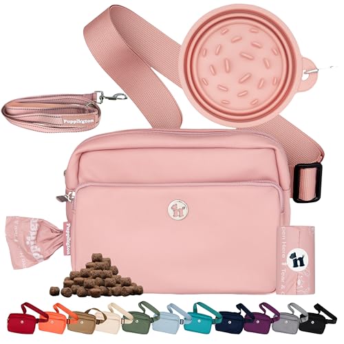 Puppington 3-in-1 Crossbody Dog Treat Pouch for Pet Training - Compostable Poop Bags, Built-In Poop Bag Dispenser, Slow-Feeding Travel Dog Bowl & Reflective Leash - Dog Walking Bag (Blush Pink) - color: Blush Pink
